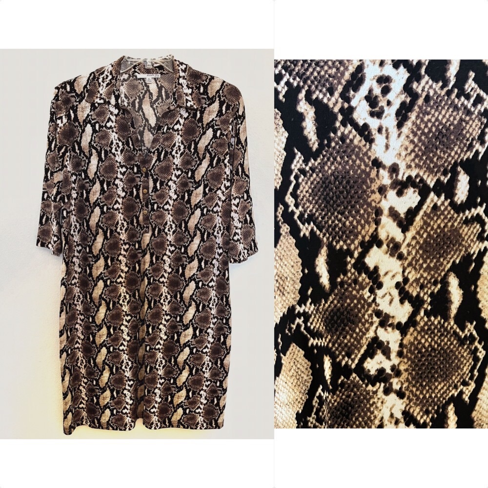 XL Dress Snakeskin brown print 3/4 sleeve snap front snap and shirt collar NWOT